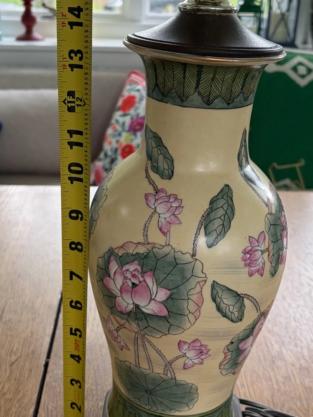 Source Unknown Pink Lotus Ceramic Vase with Green Leaves